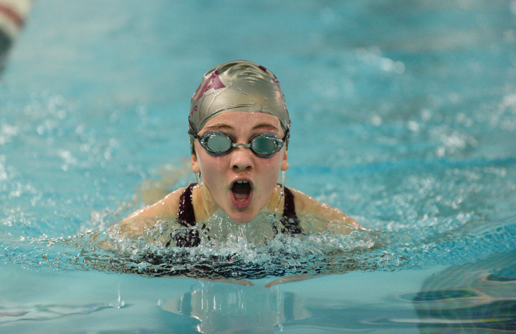 Mary Richardson swims the 100 yard breastroke at FOxcroft Academy. Photo by Franklin Brown