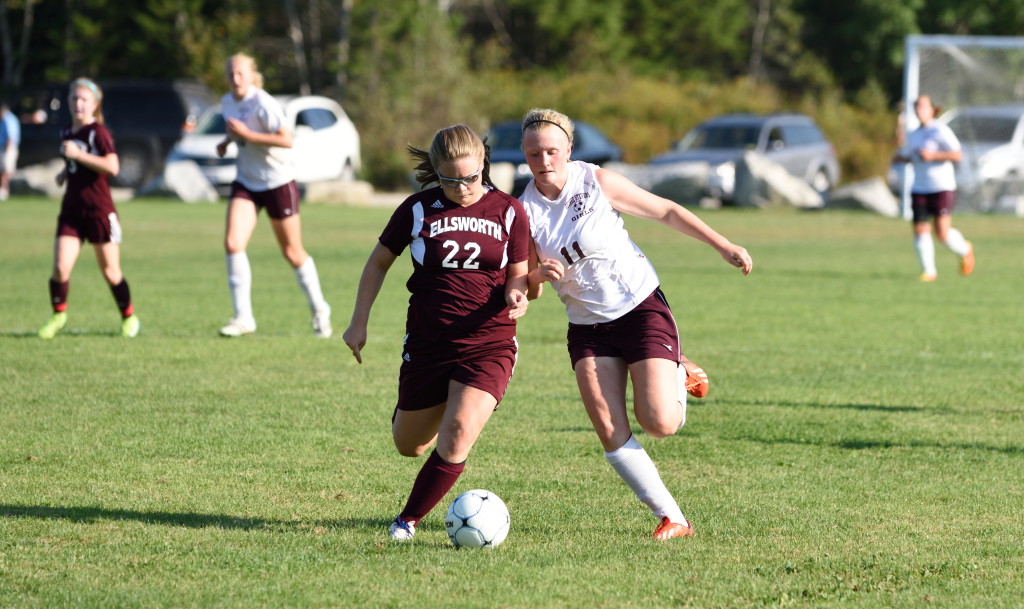 George Stevens Academy's Nellie Haldane fights for control of the ball. Photo by, Franklin Brown