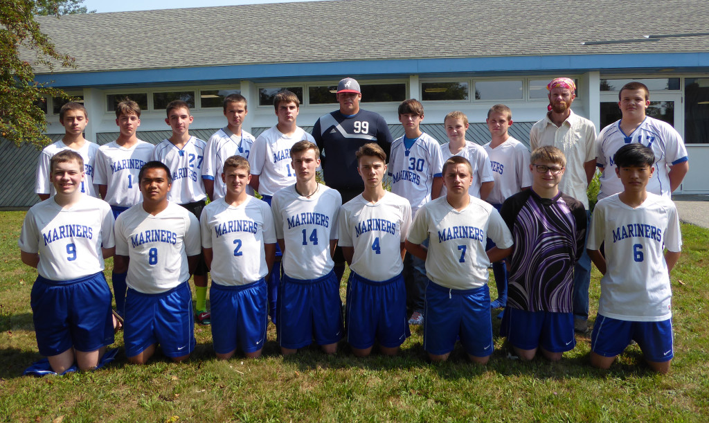 The Mariners varsity soccer team players—front row, from left: Isaac Vaughn, Krisford Melanio, Noah Davis, Paul Zoephel, Marvin Merritt, Devin Carlisle, Cameron Wendell and Dongyeong Kim. Back row, from left: Stephen Cochrane, Liam Griffith, Colby Haskell, Kinsey Bartlett, Nate Winchester, Ethan Shepard, Dakota Gillen, Trey Plummer, Andrew Atherton andCoach Joey Stinson, Tyson Rice 