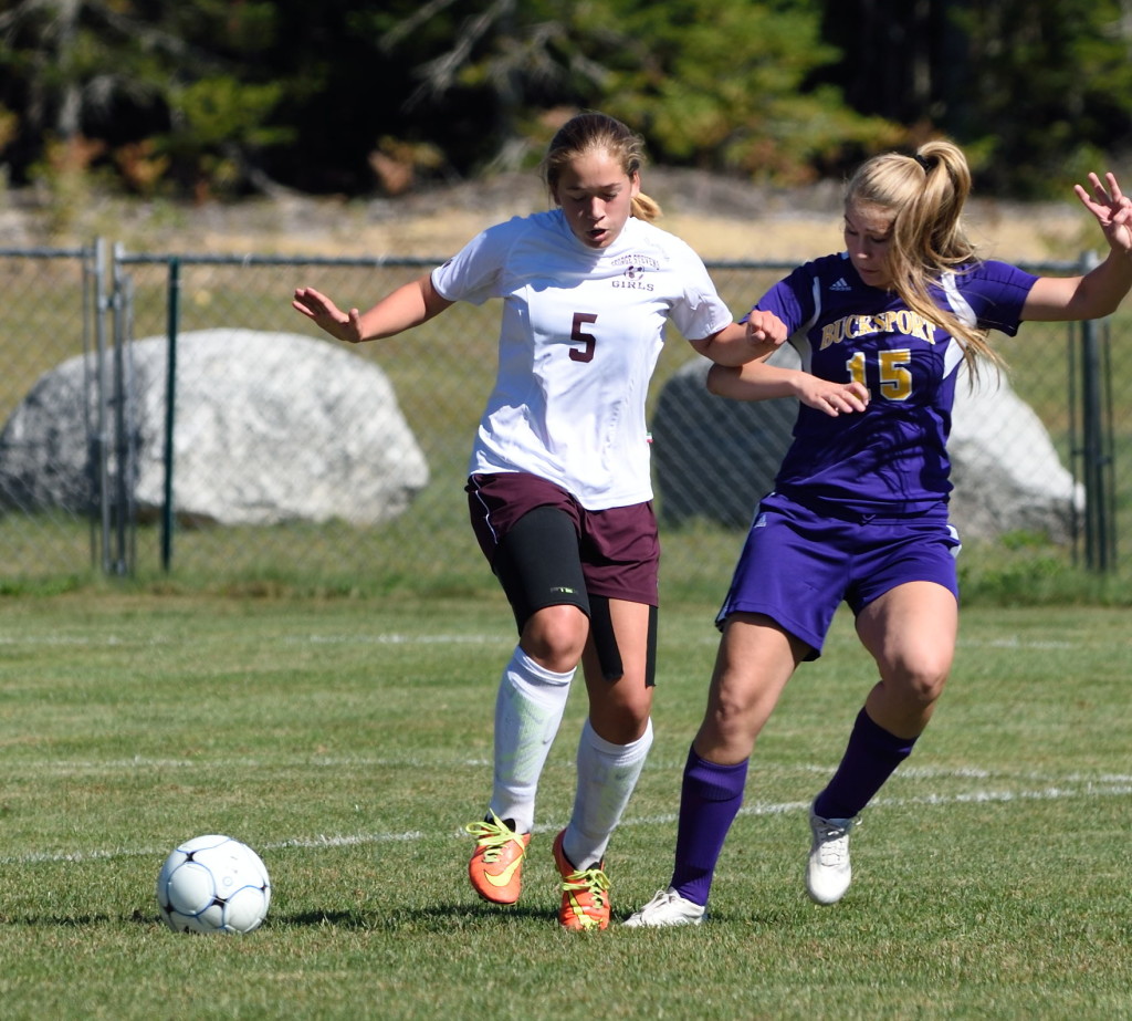 Lindsay Nevin aims to control the ball against Bucksport.  Photo by Franklin Brown