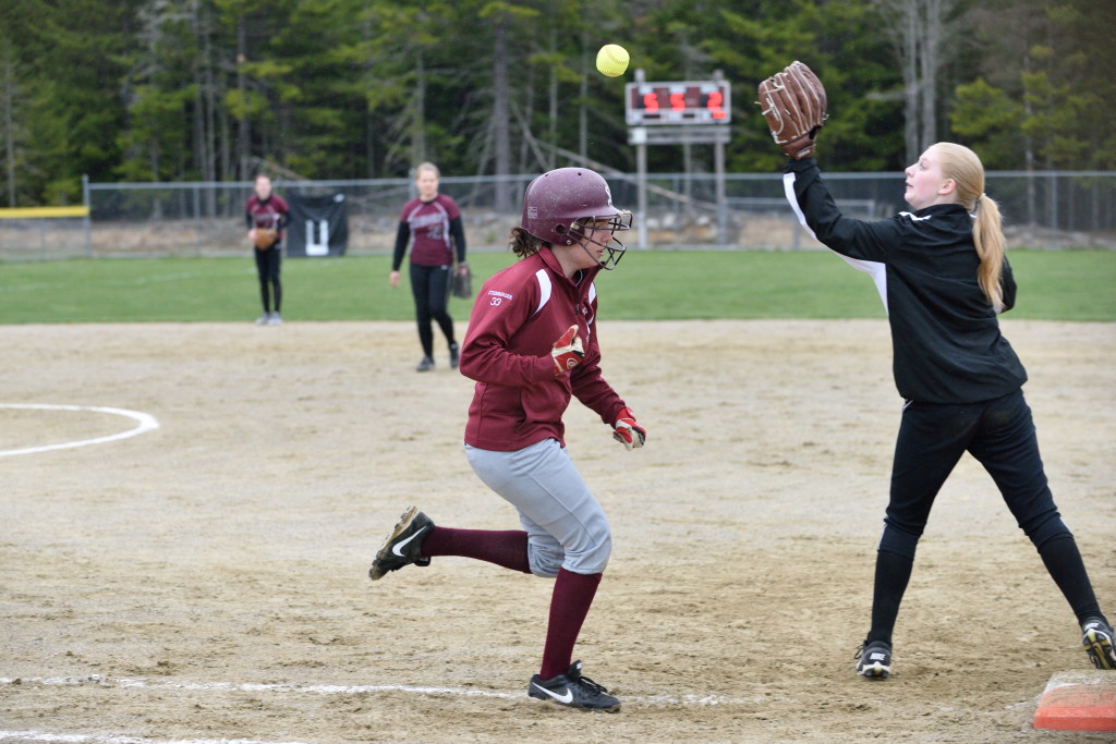 Sophia Steinbarger makes it to first against Washington Academy.  Photo by Franklin Brown
