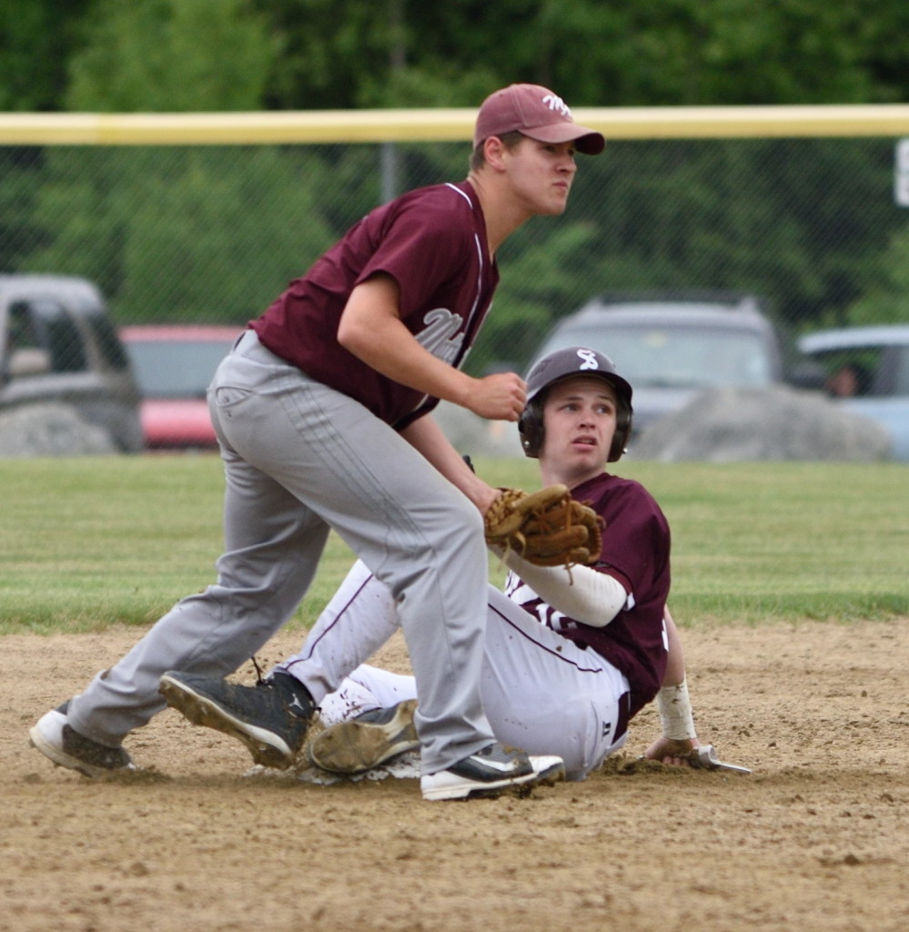 Taylor Schildroth gets caught stealing second in the semifinal.  Photo by Franklin Brown