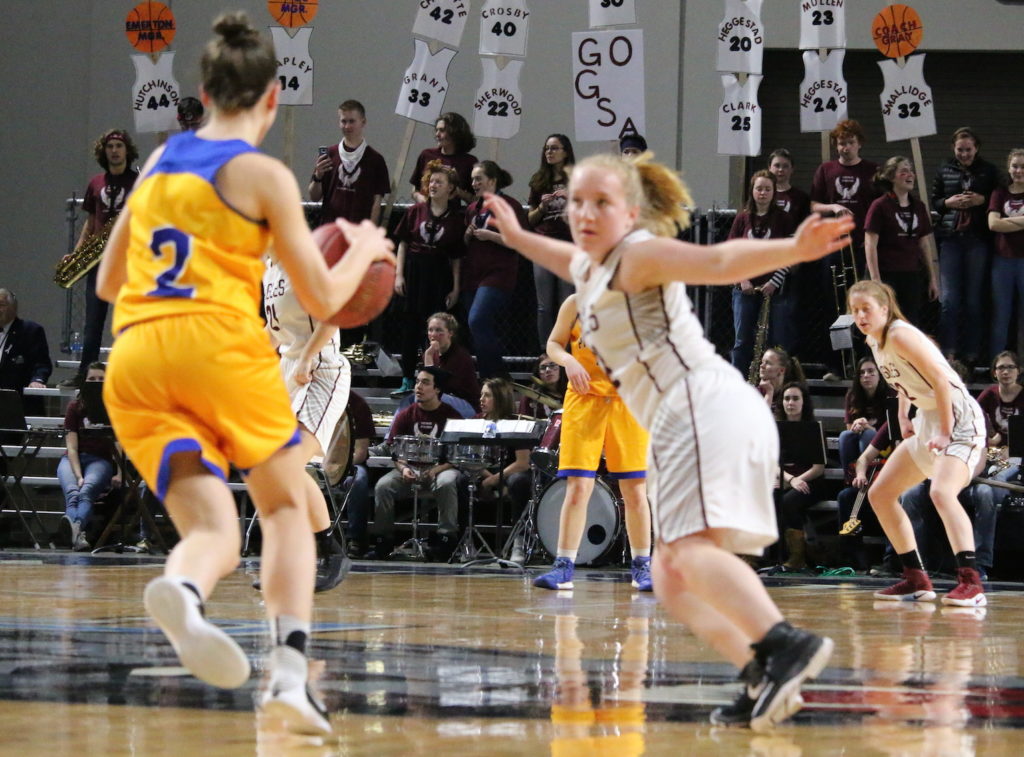 Sarah Mullen defends the basket. Photo by Anne Berleant