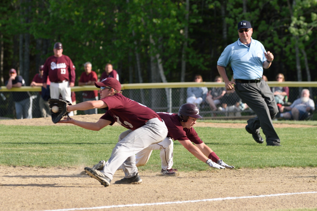 Dakota Chipman makes it to third base against Mattanawcook. PHoto by Franklin Brown